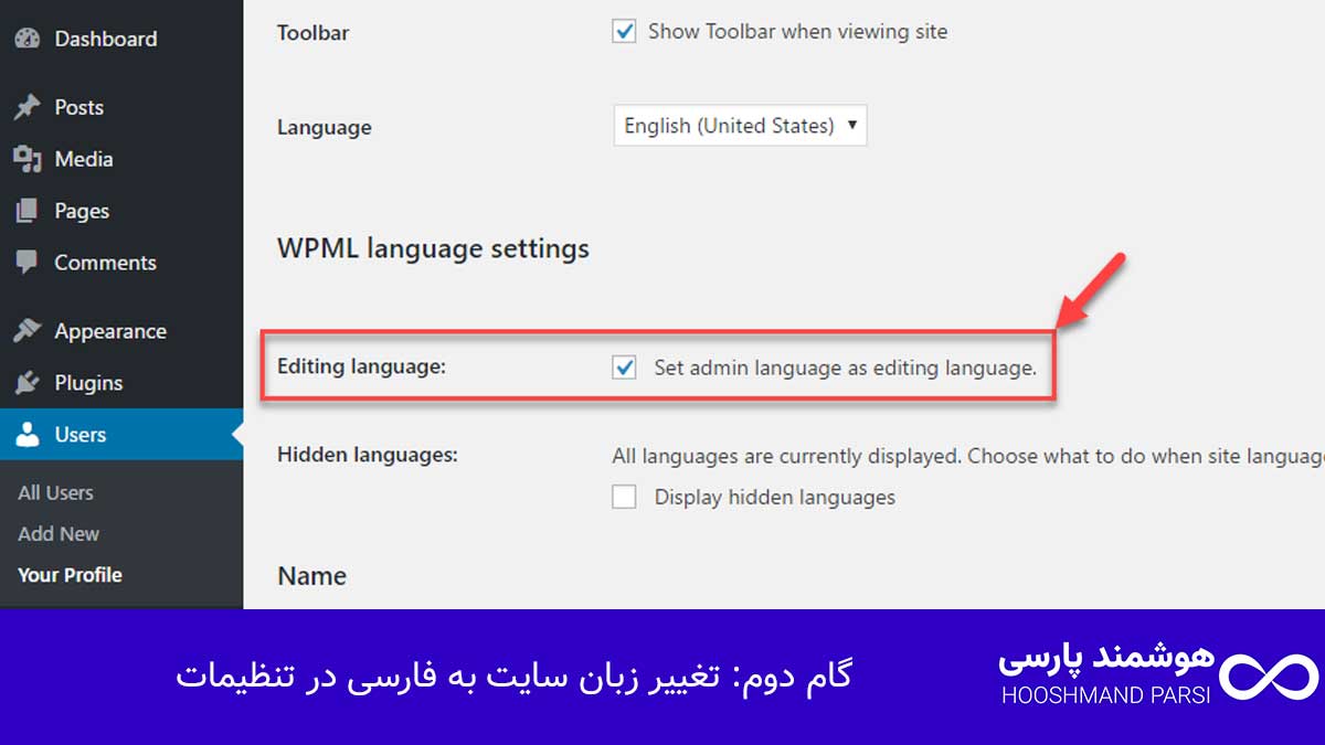 تغییر زبان سایت به فارسی در تنظیمات
