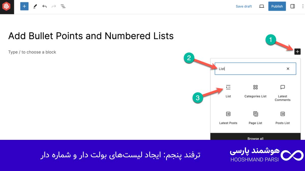 ویرایش متن در وردپرس: 7 ترفند طلایی برای نتایج پیشرفته! ترفند پنجم: ایجاد لیستهای بولت دار و شماره دار